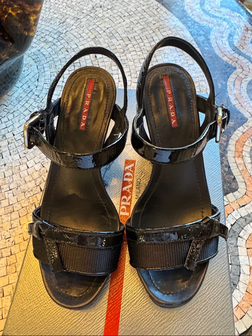 Prada Black Patent Leather Sandals with Silver Buckles